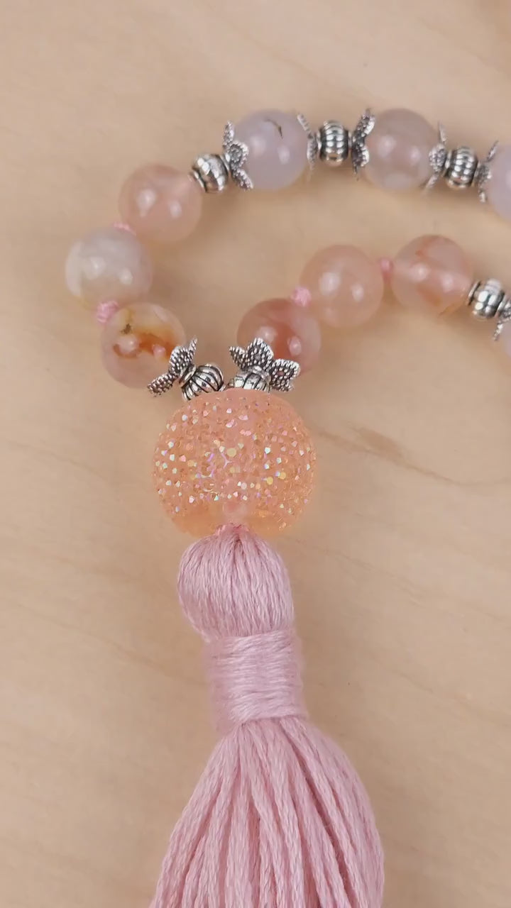 Beautiful Flower Agate Crystal Mala Necklace | Hand Made Jewelry Silver and Healing Stones