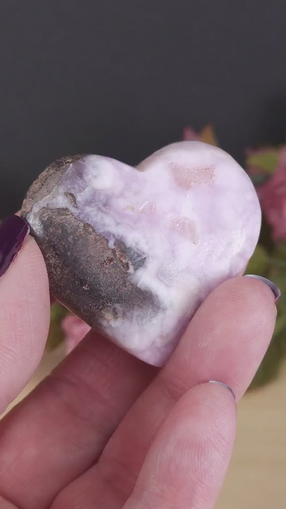 Pink Aragonite Small Banded Heart Palm Stone | Pink Tchazar Crystal Pocket Stone - Rare!