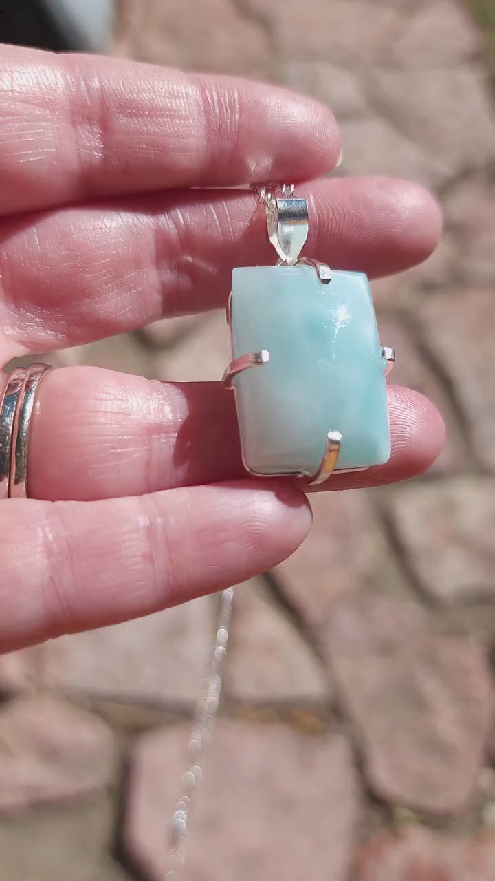Stunning Polished Larimar Crystal Pendant Necklace | Statement Jewelry | 925 Sterling Silver Plated
