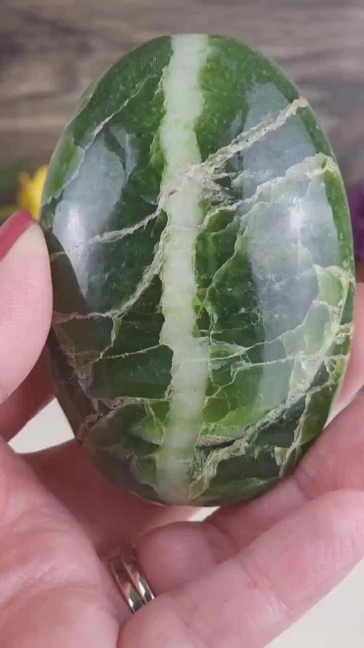 Gorgeous High Quality Green Tremolite Polished Crystal Palm Stone
