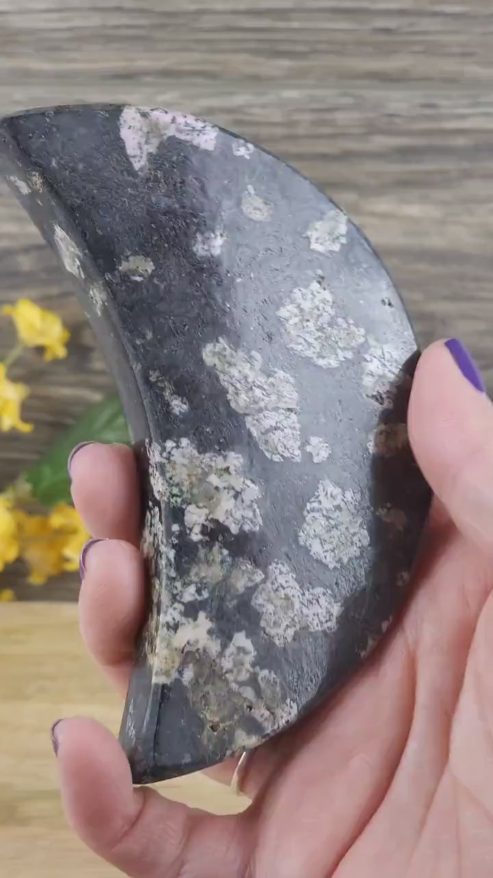 Stunning Snowflake Obsidian Crystal Carved Moon 1