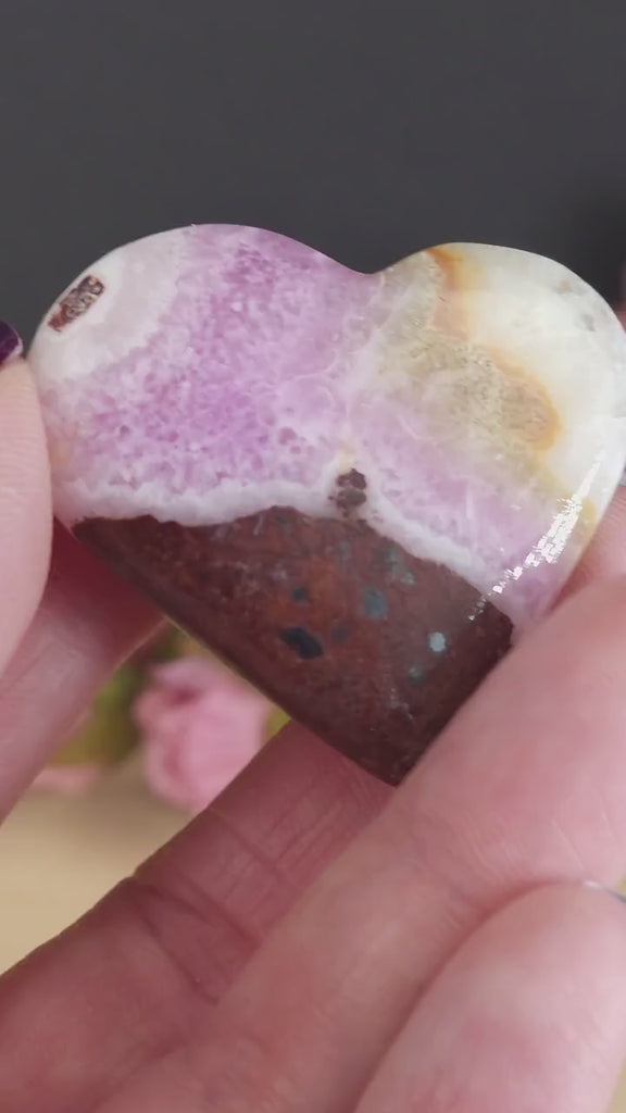 Pink Aragonite Small Banded Heart Palm Stone | Pink Tchazar Crystal Pocket Stone - Rare!