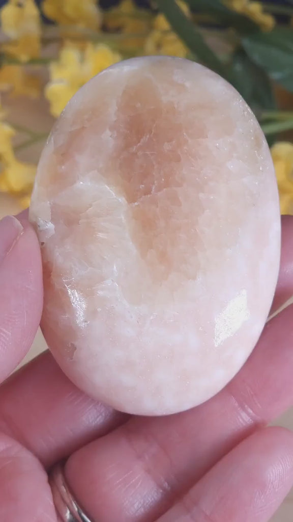 Gorgeous Polished Scolecite and Pink Peach Stilbite Crystal Palmstone