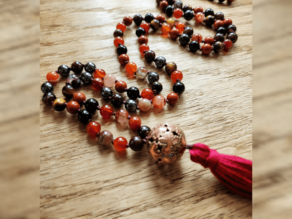 Mala Root Chakra Mala Prayer Beads with Garnet Red Jasper Carnelian Striped Agate Tiger Eye Hematite