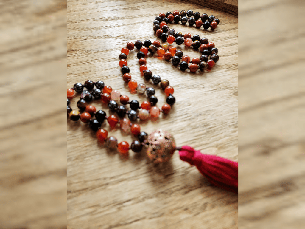 Mala Root Chakra Mala Prayer Beads with Garnet Red Jasper Carnelian Striped Agate Tiger Eye Hematite