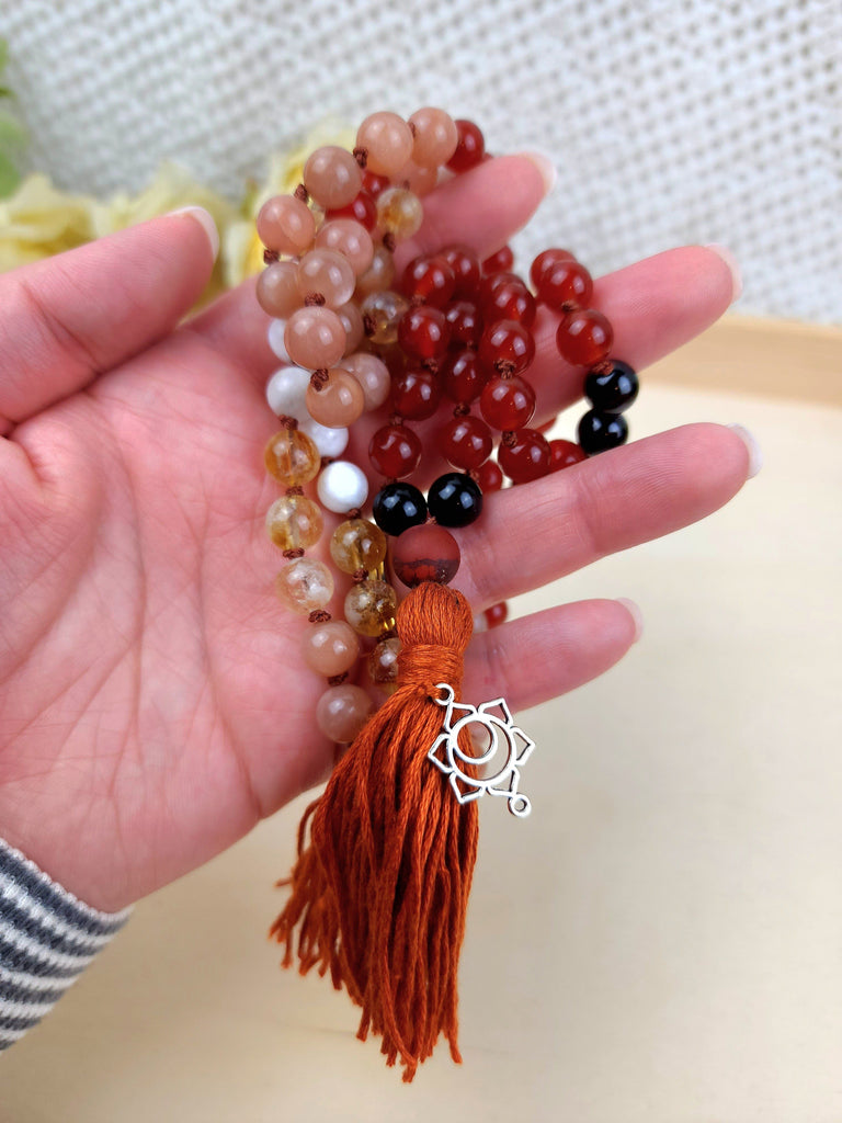 Mala Sacral Chakra Mala Prayer Beads with Obsidian Carnelian Sunstone (Heliolite) Citrine 8mm Natural Gemstone Prayer Mala