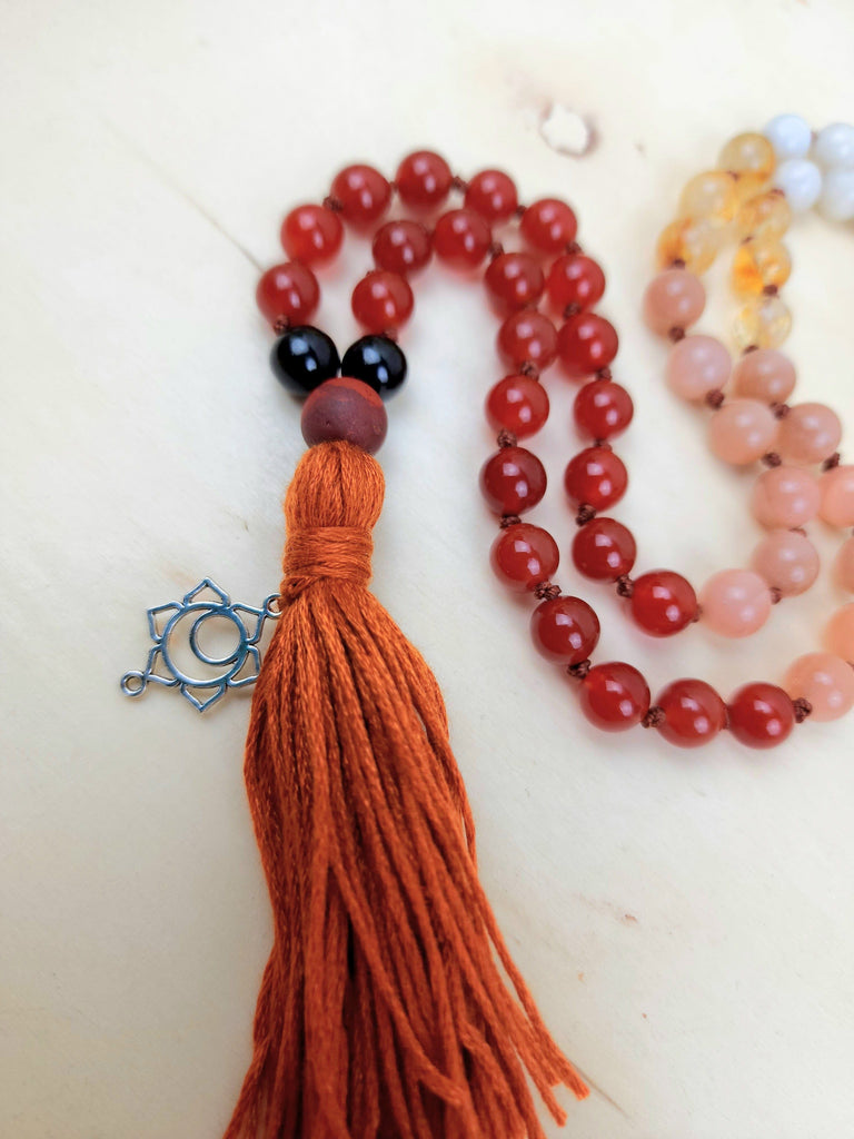 Mala Sacral Chakra Mala Prayer Beads with Obsidian Carnelian Sunstone (Heliolite) Citrine 8mm Natural Gemstone Prayer Mala