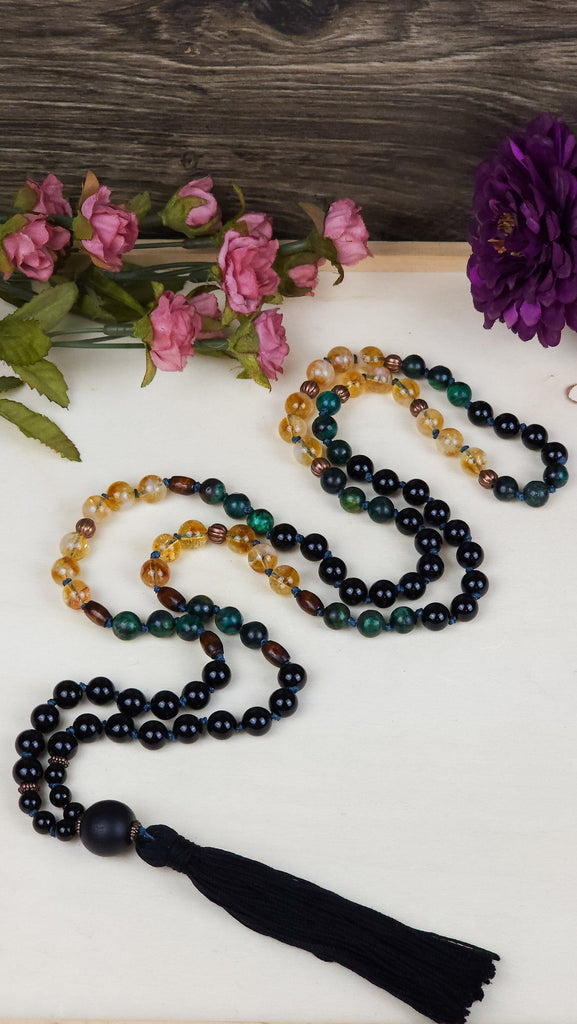 Crystals, Stones, & Gems Stunning Black Onyx, Citrine, and Emerald Prayer Bead Crystal Mala Crystals for Grief and Heartbreak