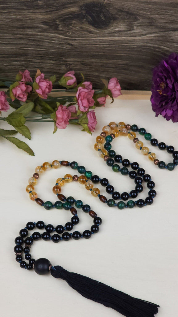 Crystals, Stones, & Gems Stunning Black Onyx, Citrine, and Emerald Prayer Bead Crystal Mala Crystals for Grief and Heartbreak