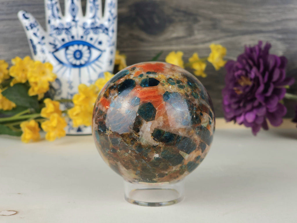 Crystals, Stones, & Gems Stunning Blue Apatite and Orange Calcite Gemstone Sphere from Brazil Large Crystal Sphere
