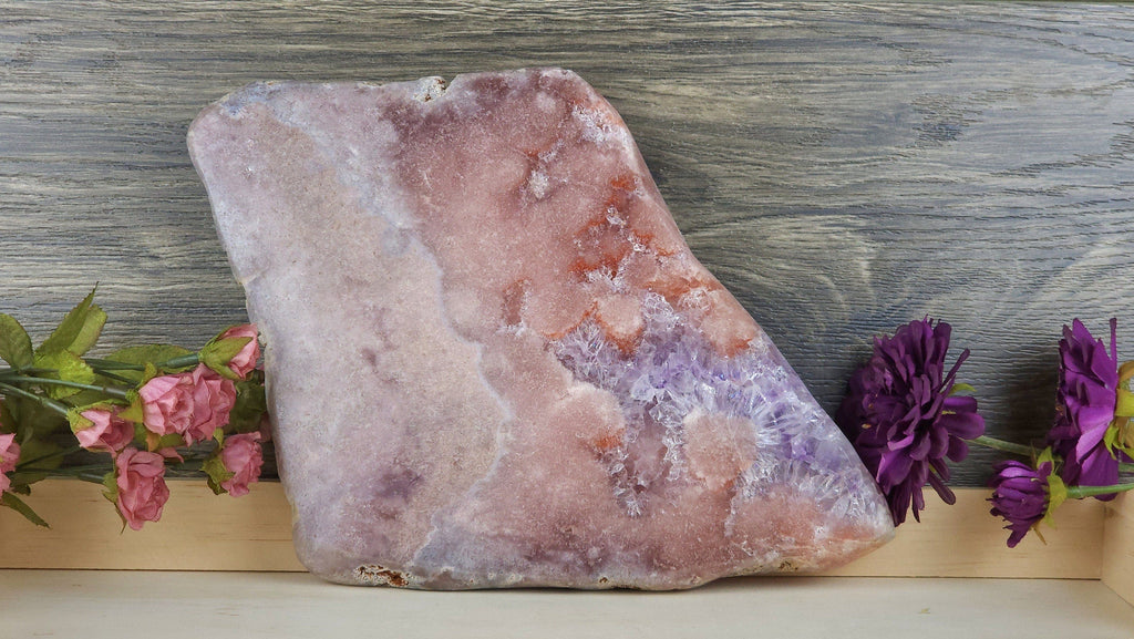 Stunning Ethereal Pink Amethyst Crystal Freeform X Rainbow Druze Brazilian Pink Amethyst Slab with Crystal Stand