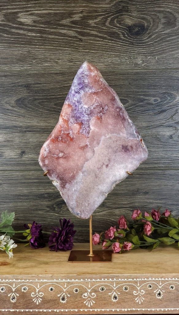 Stunning Ethereal Pink Amethyst Crystal Freeform X Rainbow Druze Brazilian Pink Amethyst Slab with Crystal Stand