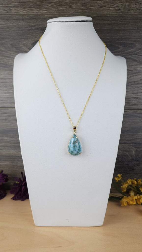 Stunning Polished Larimar Crystal Pendant Necklace | Statement Jewelry | Gold Plated