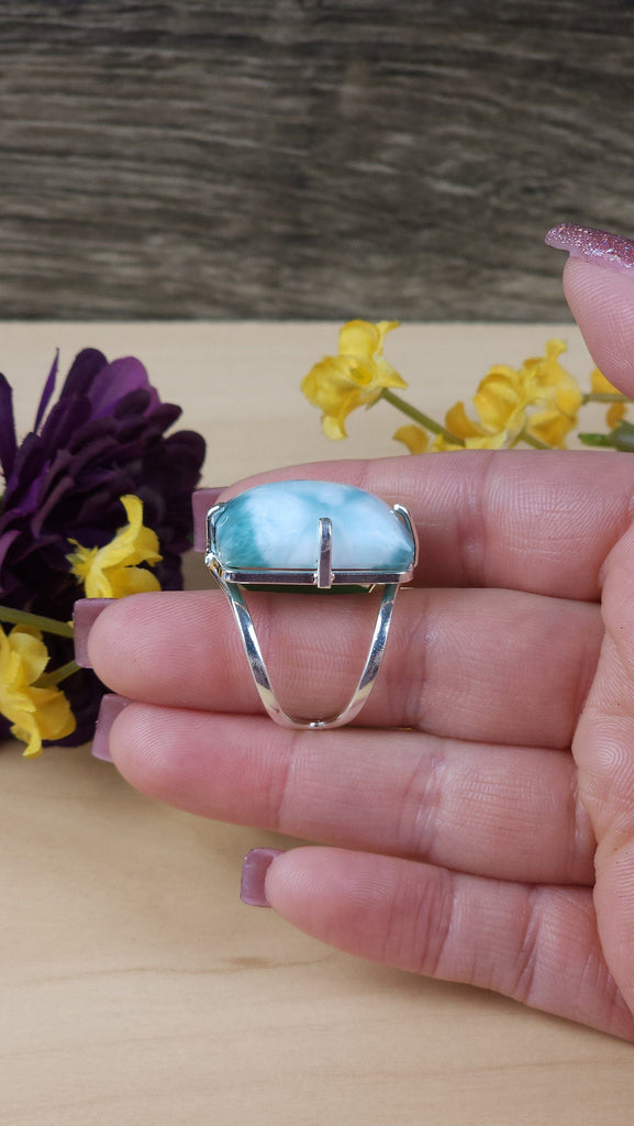 Stunning Polished Larimar Crystal Ring | Fairy Grunge Hippie Goth Freeform Crystal Ring Statement Jewelry | 925 Sterling Silver Plated
