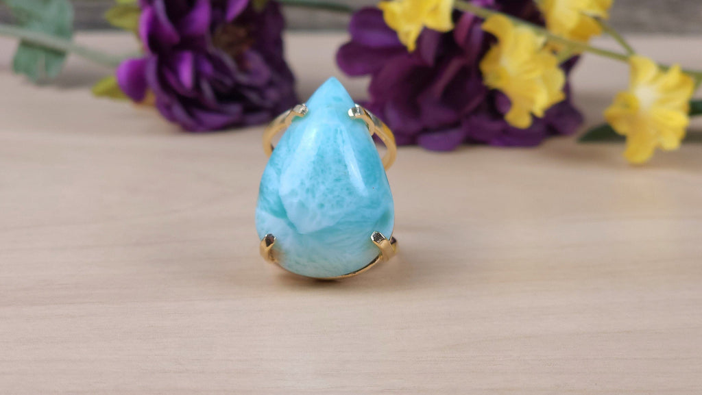 Stunning Polished Larimar Crystal Ring | Fairy Grunge Hippie Goth Freeform Crystal Ring Statement Jewelry | Gold Plated Teardrop Stone Ring