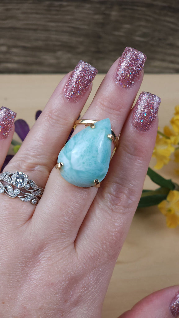Stunning Polished Larimar Crystal Ring | Fairy Grunge Hippie Goth Freeform Crystal Ring Statement Jewelry | Gold Plated Teardrop Stone Ring