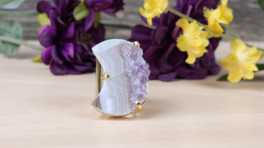 Jewelry Stunning Raw Pink Amethyst Ring | Agate Crystal Ring | Fairy Grunge Hippie Goth Crescent Moon Ring Statement Jewelry