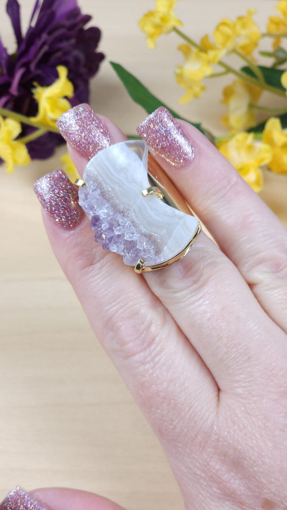 Jewelry Stunning Raw Pink Amethyst Ring | Agate Crystal Ring | Fairy Grunge Hippie Goth Crescent Moon Ring Statement Jewelry
