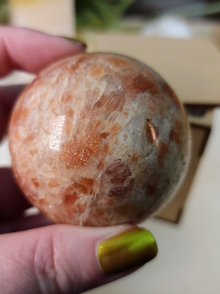 Crystals, Stones, & Gems Sunstone Crystal Sphere with Wooden Box Heliolite Aventurescent Feldspar Stone