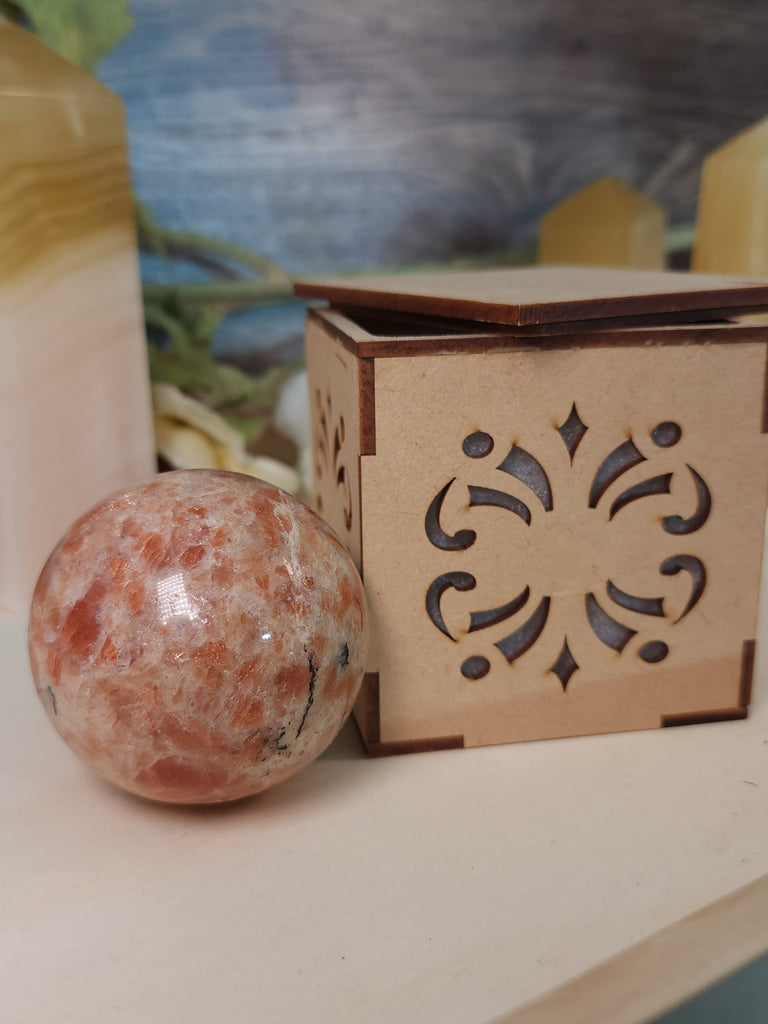 Crystals, Stones, & Gems Sunstone Crystal Sphere with Wooden Box Heliolite Aventurescent Feldspar Stone