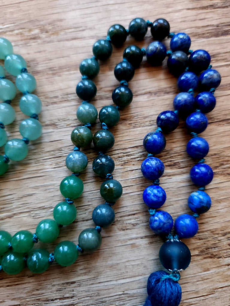 Mala Taurus Zodiac Sign Mala Beads Lapis Lazuli, Moss Agate, Green Aventurine, Rose Quartz, Clear Quartz Natural Gemstone 8mm bead Mala Prayer Beads Necklace
