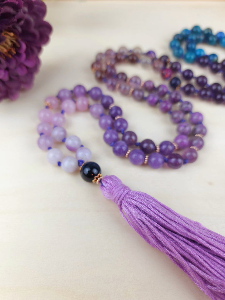 Mala Third Eye Chakra Mala Lapis Apatite Amethyst Fluorite Purple Phantom Quartz Purple Jade Lepidolite Lilac Kunzite