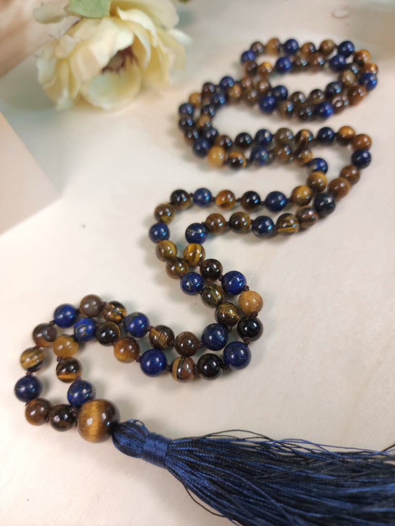 Mala Tiger Eye & Lapis Lazuli Prayer Mala Beads Natural Gemstone 8mm bead Mala Prayer Beads Necklace