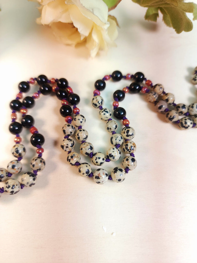 Jewelry Whimsical Black, White, and Pink Prayer Mala | Dalmatian Jasper | Black Onyx
