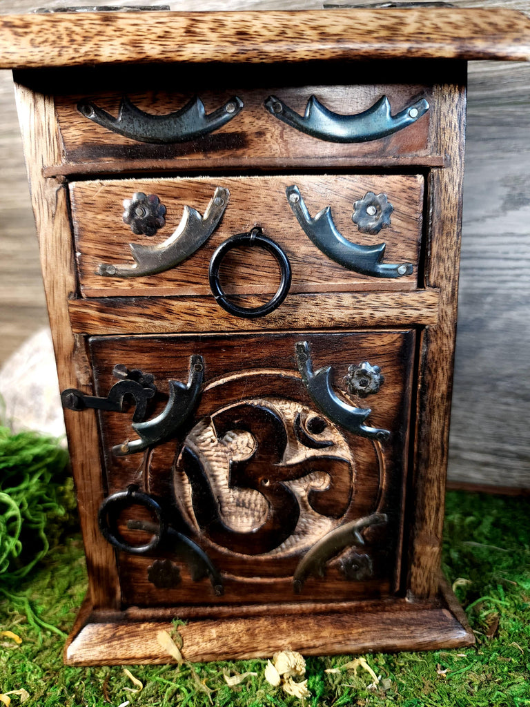 Wooden Box Carved Herb & Crystal Chest - Om