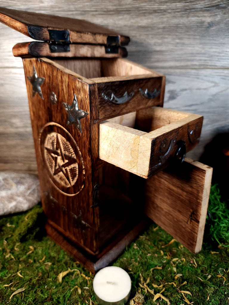 Wooden Box Carved Herb & Crystal Chest - Pentacle
