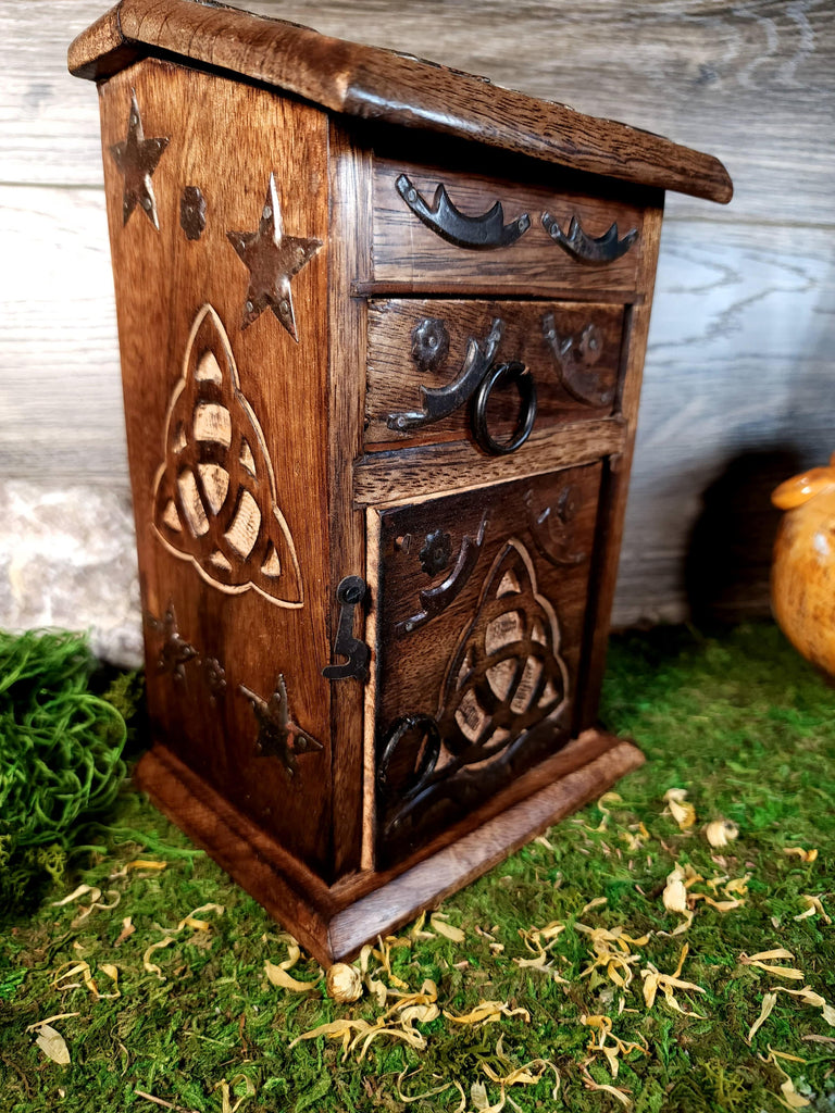 Wooden Box Carved Herb & Crystal Chest - Triquetra