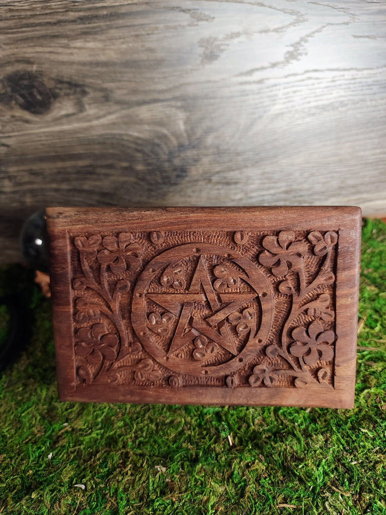 Wooden Box Pentagram Ornately Carved Wooden Box