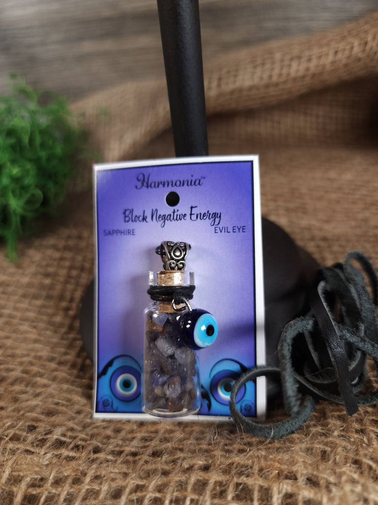 Sapphire & Evil Eye Gemstone Chip Bottle Necklace