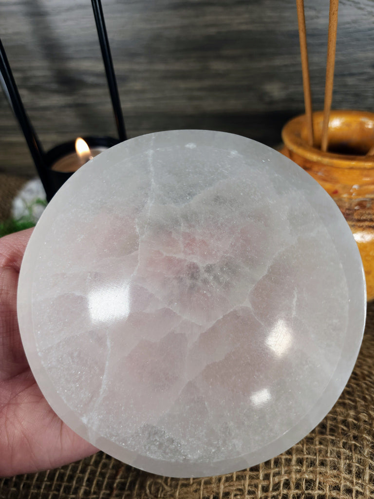 Crystals, Stones, & Gems Selenite Large Round w/ Base Offering Bowl