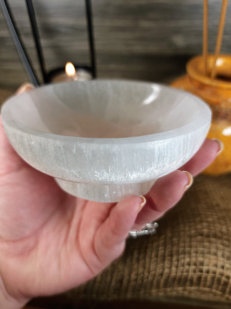 Crystals, Stones, & Gems Selenite Large Round w/ Base Offering Bowl