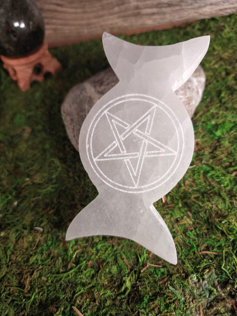 Crystals, Stones, & Gems Selenite Triple Moon Pentagram Altar Tile