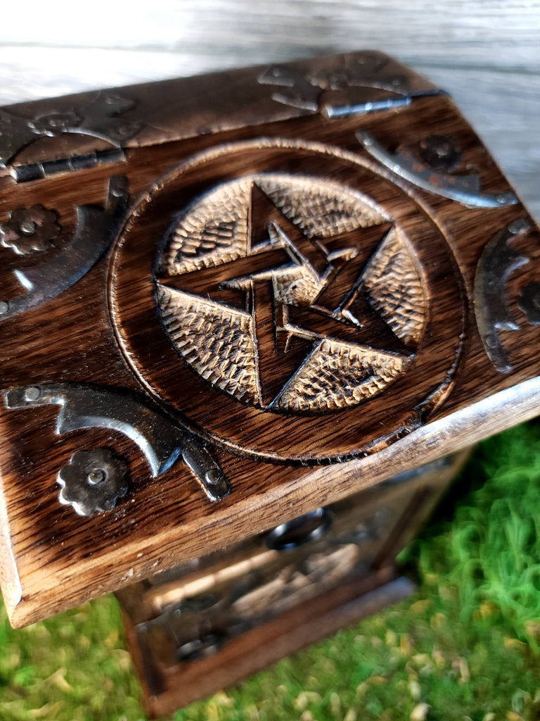 Wooden Box Wooden Carved Herb & Crystal Chest - Pentacle